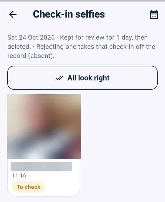 Check-in selfies to review (blurred)