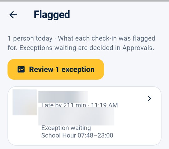 Flagged list with Review exception (names blurred)