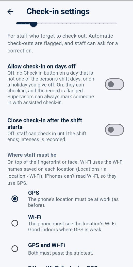 Where staff must be: GPS, Wi-Fi, both or either