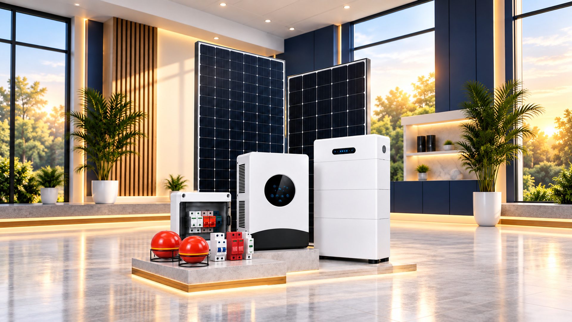 Solar panels, inverter and battery displayed in a Solar 360 showroom